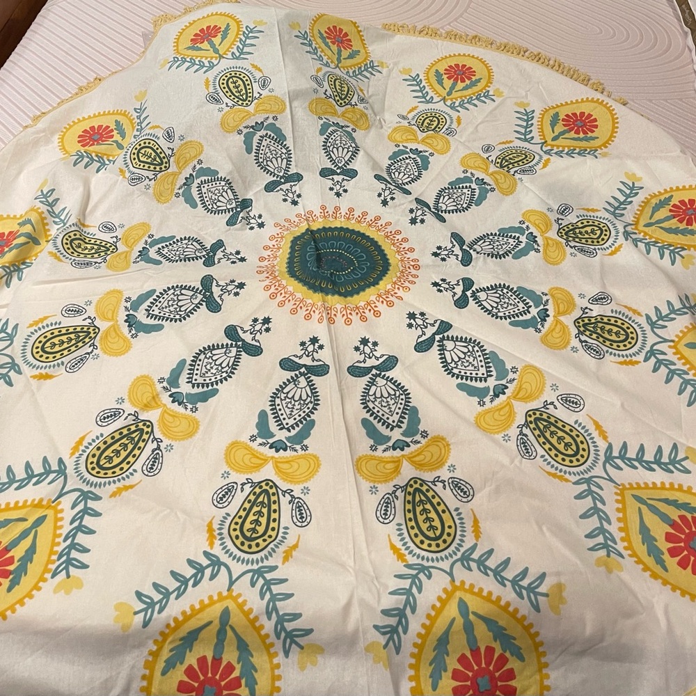 Gypsy 05 Boho Beach Roundie with Fringe Teal Yellow, 62" Diameter